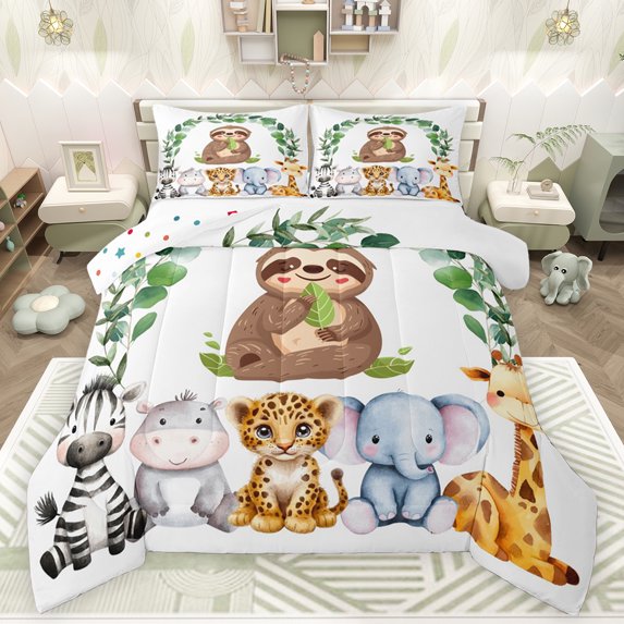 Feelyou Kawaii Sloth Animal Full Size Comforter Sets for Kids, Hippo Zebra Wildlife Bedding Comforter Set, Green Leaf Plant Reversible Bedding Sets, Super Cozy Room Decor, 3-Piece