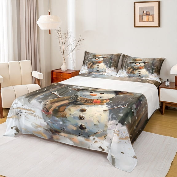 Feelyou Kawaii Snowman Bed Sheets, Winter Snowflake King Sheets, Christmas Holiday Sheet Set, Breathable Home Decor,4 Pieces