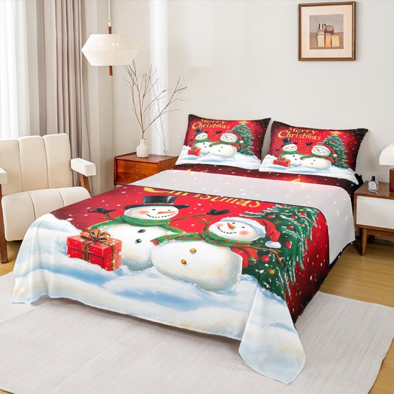 Feelyou Kawaii Snowman Bed Sheets, Xmas Tree Snow King Sheets, Winter Merry Christmas Sheet Set, Lightweight Room Decor,4-Piece