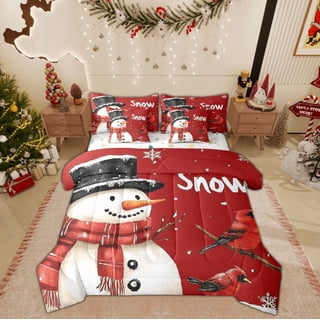 Feelyou Kawaii Snowman Bedding Comforter Set 7 Pieces, Christmas Robin Full Bedding Set, Winter Festival Reversible Fitted Sheet Flat Sheet, Microfiber Bedroom Decor
