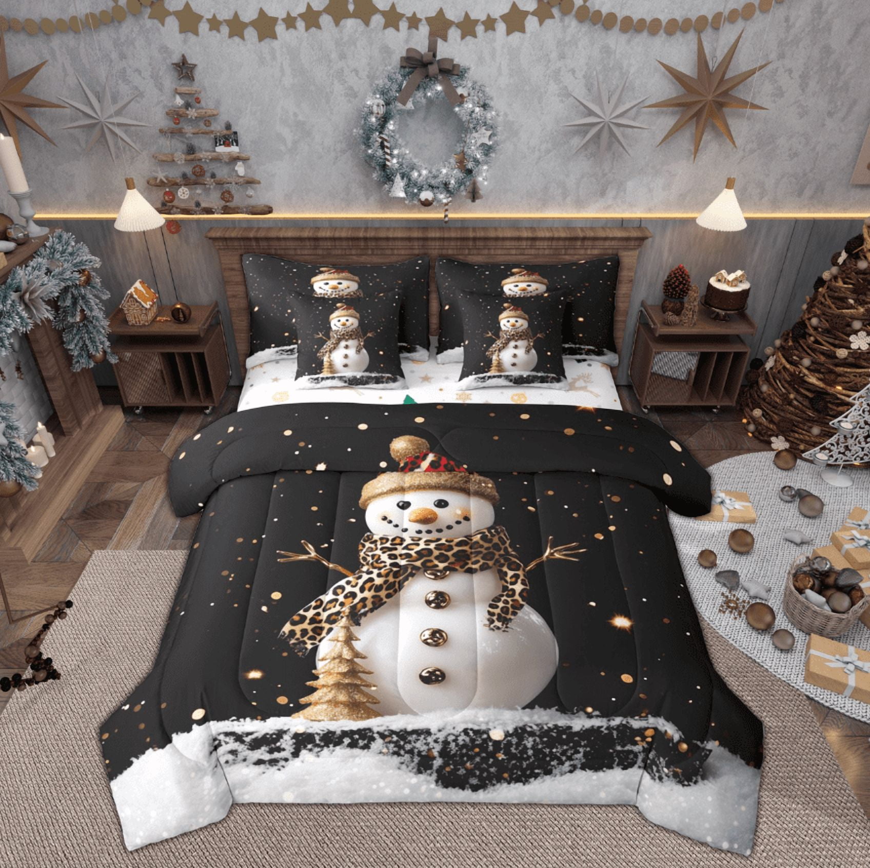 Feelyou Kawaii Snowman Bedding Comforter Set 7pcs, Black Gold Sequin ...