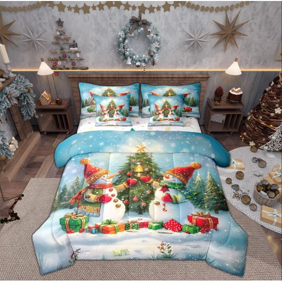 Feelyou Kawaii Snowman Bedding Comforter Set 7pcs, Winter Pine Tree Snowflake King Bedding Sets, Christmas Holiday Reversible Bed Sheets, Super Cozy Room Decor