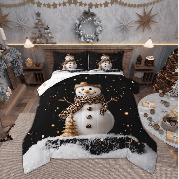Feelyou Kawaii Snowman Full Size Comforter Sets, Black Gold Sequin Print Bedding Comforter Set, Winter Festival Reversible Bedding Sets, Lightweight Room Decor,3 Pieces