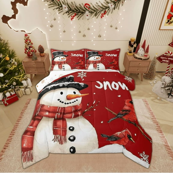 Feelyou Kawaii Snowman Full Size Comforter Sets, Christmas Robin Bedding Comforter Set, Winter Festival Reversible Bedding Sets, Microfiber Bedroom Decor,3 Pieces