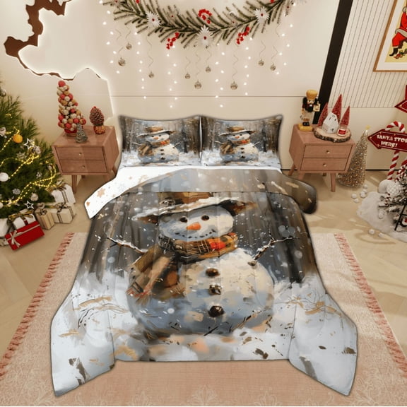 Feelyou Kawaii Snowman Full Size Comforter Sets, Winter Snowflake Bedding Comforter Set, Christmas Holiday Reversible Bedding Sets, Breathable Home Decor,3 Pieces