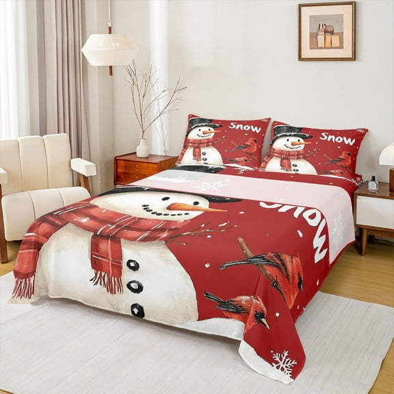 Feelyou Kawaii Snowman Full Size Sheets, Christmas Robin Bed Sheets, Winter Festival Sheet Sets, Microfiber Bedroom Decor,4 Pieces