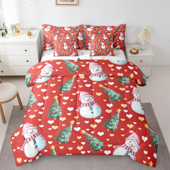Feelyou Kawaii Snowman Kids Twin Bedding Sets 7-Piece, Green Christmas Tree Bedding Comforter Set, Cartoon Love Heart Reversible Sheet Sets, Microfiber Bedroom Decor