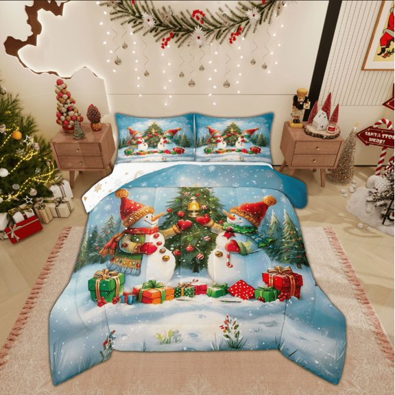 Feelyou Kawaii Snowman Queen Comforter Set, Winter Pine Tree Snowflake Bedding Sets, Christmas Holiday Reversible Bedding Comforter Set, Super Cozy Room Decor, 3pcs
