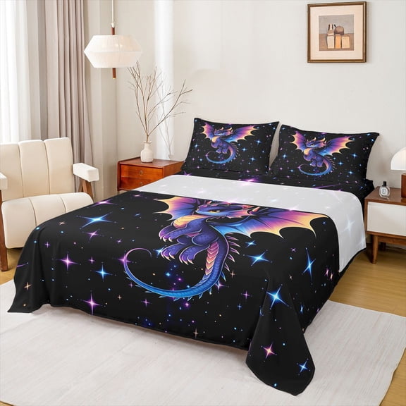 Feelyou Kawaii Space Dragon Full Size Sheets for Kids, Galaxy Starry Satrs Bed Sheets, Purple Blue, 4pcs
