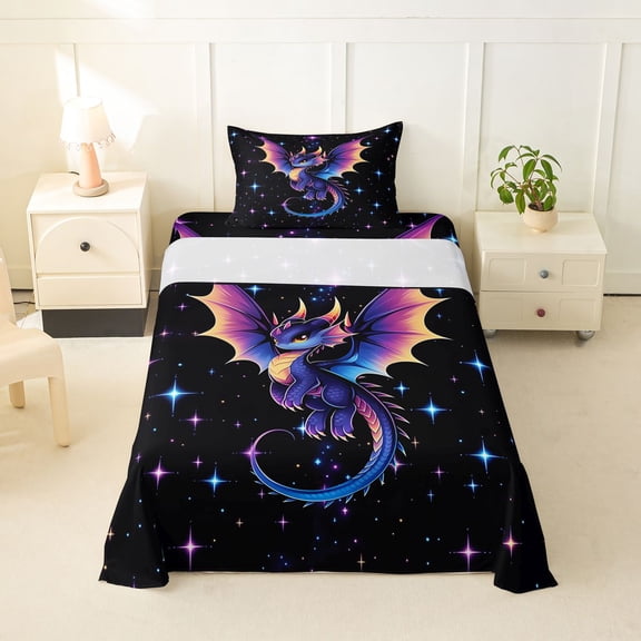 Feelyou Kawaii Space Dragon Twin Sheet Sets for Kids, Galaxy Starry Satrs Bedding, Purple Blue, 3pcs