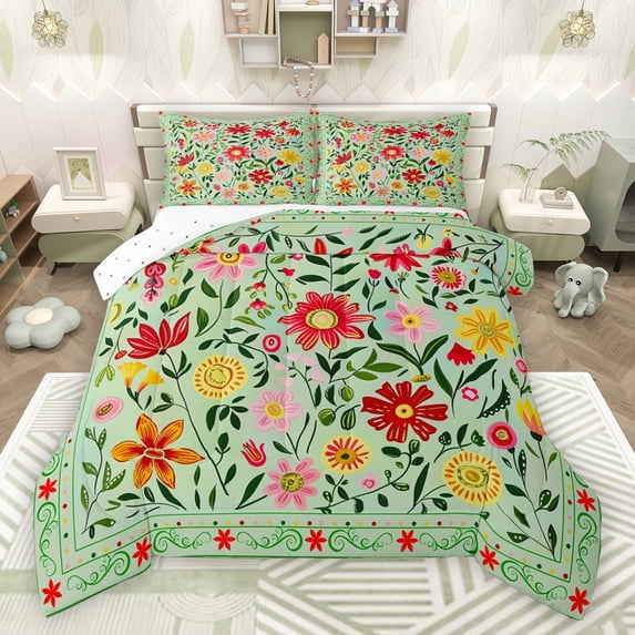 Feelyou Kawaii Spring Floral Bedding Comforter Set, Rustic Vibrant Flower Twin Comforter Sets, Farmhouse Botanical Plant Reversible Bedding Set, Super Cozy Room Decor, 2pcs