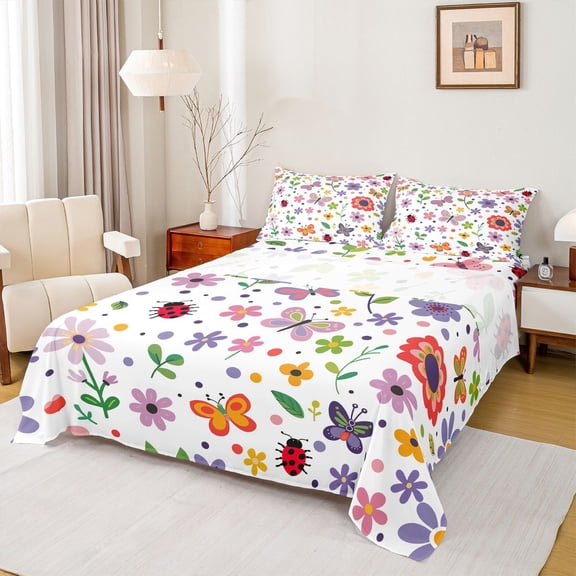 Feelyou Kawaii Spring Flower Bed Sheets, Cute Butterfly Ladybug King Sheets, Cartoon Spring Animal Sheet Set, Lightweight Room Decor, 4pcs