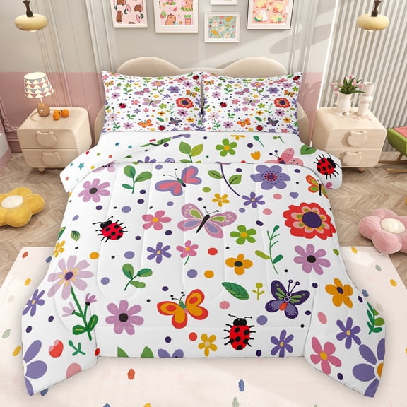 Feelyou Kawaii Spring Flower Full Size Comforter Sets, Cute Butterfly Ladybug Bedding Comforter Set, Cartoon Spring Animal Reversible Bedding Sets, Lightweight Room Decor, 3pcs