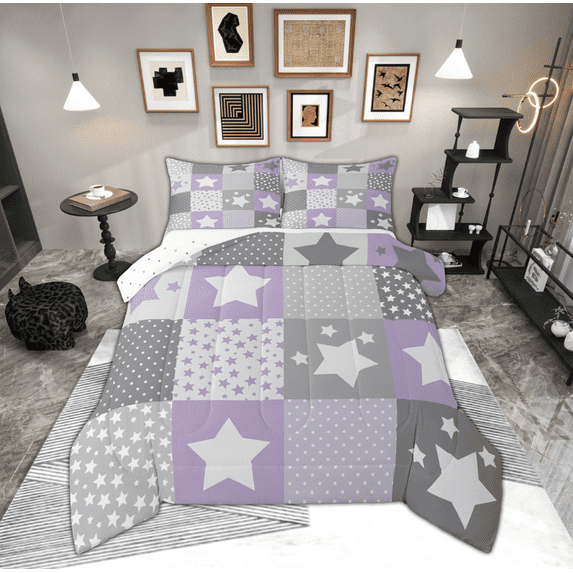 Feelyou Kawaii Stars Print Full Size Comforter Sets, Dreamy Purple Cartoon Bedding Comforter Set, Teens Boys Girls Kids Reversible Bedding Sets, Microfiber Bedroom Decor, 3pcs