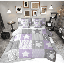 Feelyou Kawaii Stars Print Twin Bedding Sets 7-Piece, Dreamy Purple Cartoon Bedding Comforter Set, Teens Boys Girls Kids Reversible Sheet Sets, Microfiber Bedroom Decor