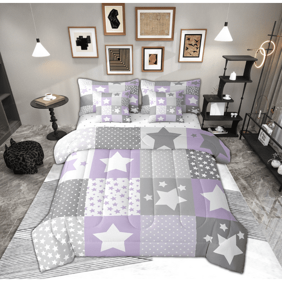 Feelyou Kawaii Stars Print Twin Bedding Sets 7-Piece, Dreamy Purple Cartoon Bedding Comforter Set, Teens Boys Girls Kids Reversible Sheet Sets, Microfiber Bedroom Decor