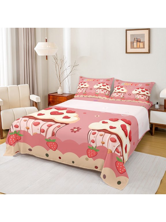 Kawaii Strawberry Cake Full Size Sheets, Love Heart Flower Bed Sheets, Princess Pink Cartoon Sheet Sets, Luxury Bedroom Decor, 4pcs