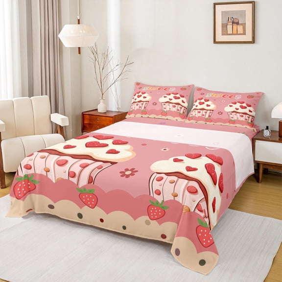 Feelyou Kawaii Strawberry Cake Twin Sheet Sets, Love Heart Flower Twin Fitted Sheet, Princess Pink Cartoon Flat Sheet, Luxury Bedroom Decor, 3pcs