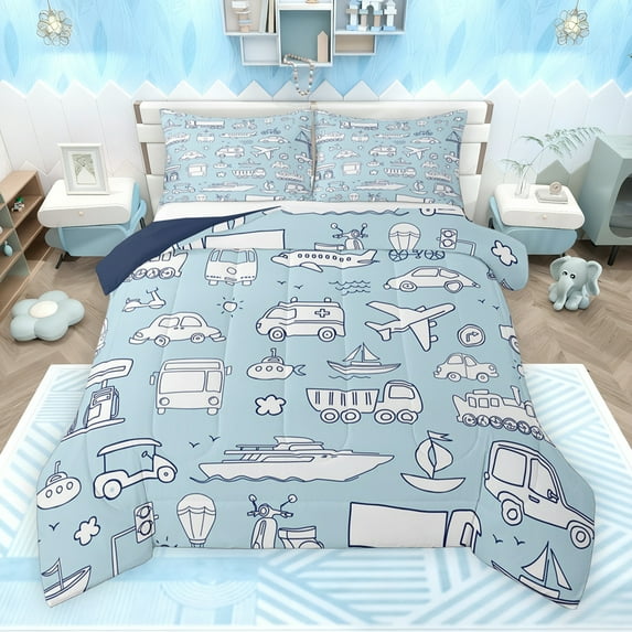 Feelyou Kawaii Streamship Aircraft Bedding Comforter Set, Cute Truck Car Twin Comforter Sets, Blue Cartoon Vehicle Reversible Bedding Set, Breathable Home Decor, 2 Pieces