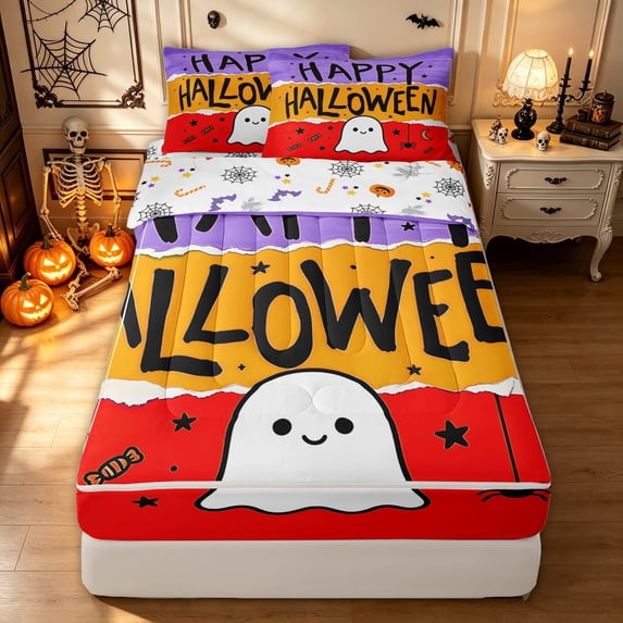Feelyou Kawaii Sugar Ghost Zipper Twin Comforter Sets with Fitted Sheet and 2 Pillowcases, Cute Star Candy Zipper Bedding Set, Purple Orange Red, Halloween Reversible, 4pcs