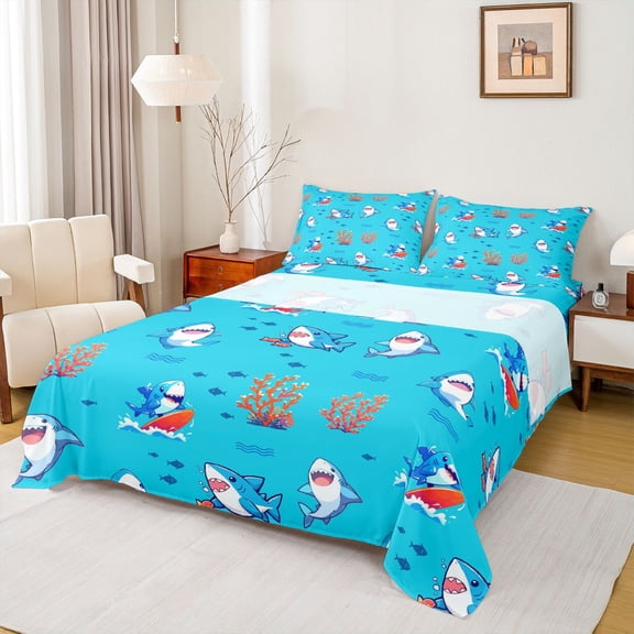 Feelyou Kawaii Surfing Cartoon Shark Full Size Sheets for Boys Girls, Summer Beach Marine Wildlife Bed Sheets, Blue, 4-Piece
