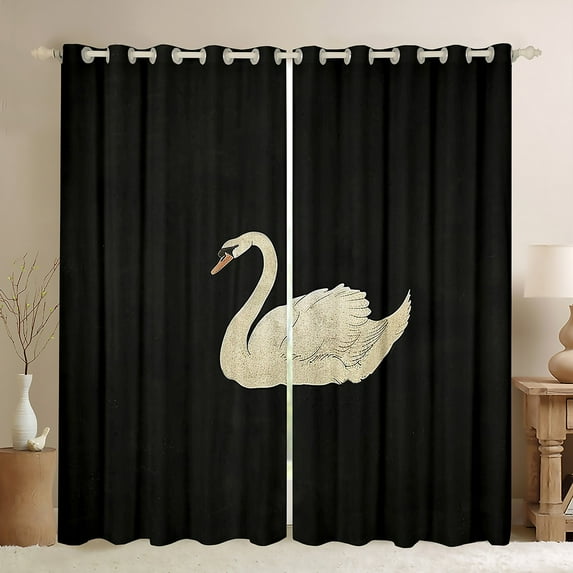 Feelyou Kawaii Swan Print Curtains Pack of 2 (42x84 Each) for Kids, Black White Curtains Blackout, Cartoon Animal Theme Bedroom Curtains, Living Room Curtains Decor