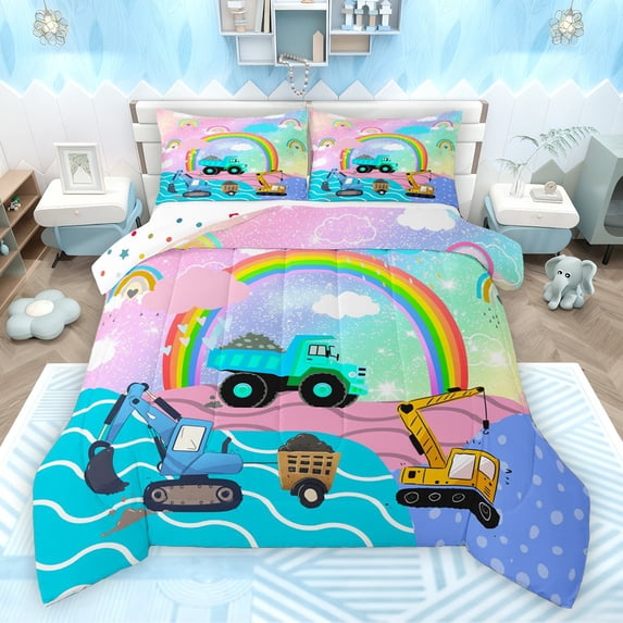 Feelyou Kawaii Truck Tractor Queen Comforter Set, Construction Vehicle Bedding Sets, Cartoon Rainbow Reversible Bedding Comforter Set, Microfiber Bedroom Decor, 3 Pieces