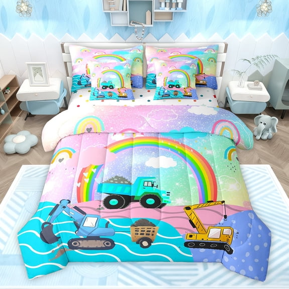 Feelyou Kawaii Truck Tractor Twin Bedding Sets 7-Piece, Construction Vehicle Bedding Comforter Set, Cartoon Rainbow Reversible Sheet Sets, Microfiber Bedroom Decor