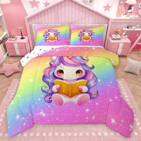 Feelyou Kawaii Unicorn Animal Bedding Comforter Set for Kid, Stars Rainbow Glitter Twin Comforter Sets, Cute Cartoon Theme Reversible Bedding Set, Microfiber Bedroom Decor, 2pcs