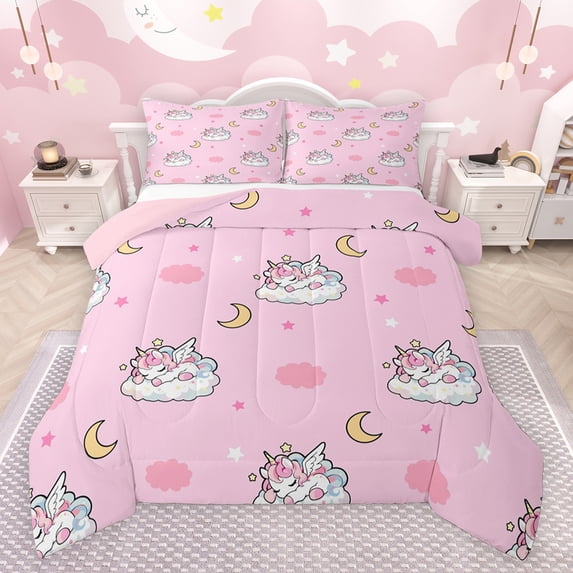Feelyou Kawaii Unicorn Animal Full Size Comforter Sets, Girly Pink Cloud Bedding Comforter Set, Stars Moon Galaxy Reversible Bedding Sets, Breathable Home Decor, 3-Piece