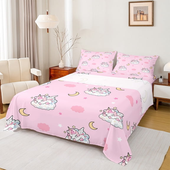 Feelyou Kawaii Unicorn Animal Twin Sheet Sets, Girly Pink Cloud Twin Fitted Sheet, Stars Moon Galaxy Flat Sheet, Breathable Home Decor, 3-Piece