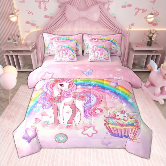 Feelyou Kawaii Unicorn Bedding Comforter Set 7 Pieces for Girls, Cartoon Star Rainbow Queen Bedding Sets, Princess Pink Queen Sheet Sets, Cute Cupcake Bedroom Decor