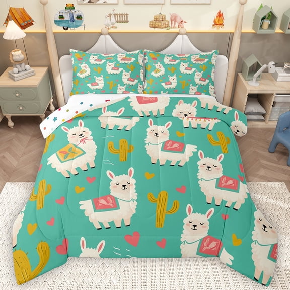 Feelyou Kawaii Western Alpaca Bedding Comforter Set, Cactus Plant Botanical Twin Comforter Sets, Hippie Animal Reversible Bedding Set, Breathable Home Decor, 2 Pieces