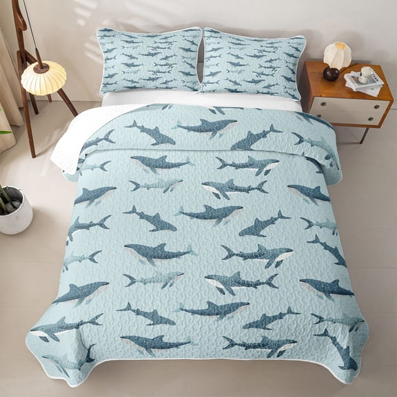 Feelyou Kawaii Whale Shark Bed Spread Queen for Boys Girls, Marine Animal Queen Coverlet Set, Blue, 3 Pieces