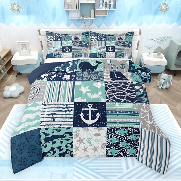 Feelyou Kawaii Whale Starfish Bedding Comforter Set for Kids, Cartoon Nautical Anchor Twin Comforter Sets, Green Plaid Buffalo Reversible Bedding Set, Luxury Bedroom Decor, 2 Pieces
