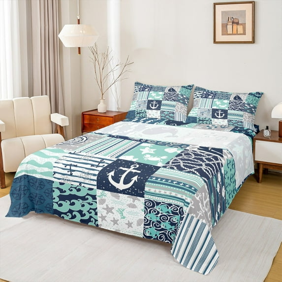 Feelyou Kawaii Whale Starfish Full Size Sheets for Kids, Cartoon Nautical Anchor Bed Sheets, Green Plaid Buffalo Sheet Sets, Luxury Bedroom Decor, 4 Pieces