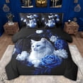 thumbnail image 1 of Feelyou Kawaii White Cat Bedding Comforter Set 7 Pieces, Blue Rose Flower Full Bedding Set, Couple Lover Men Women Reversible Fitted Sheet Flat Sheet, Super Cozy Room Decor, 1 of 8