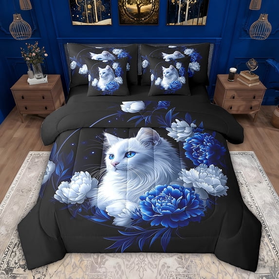 Feelyou Kawaii White Cat Bedding Comforter Set 7 Pieces, Blue Rose Flower Full Bedding Set, Couple Lover Men Women Reversible Fitted Sheet Flat Sheet, Super Cozy Room Decor