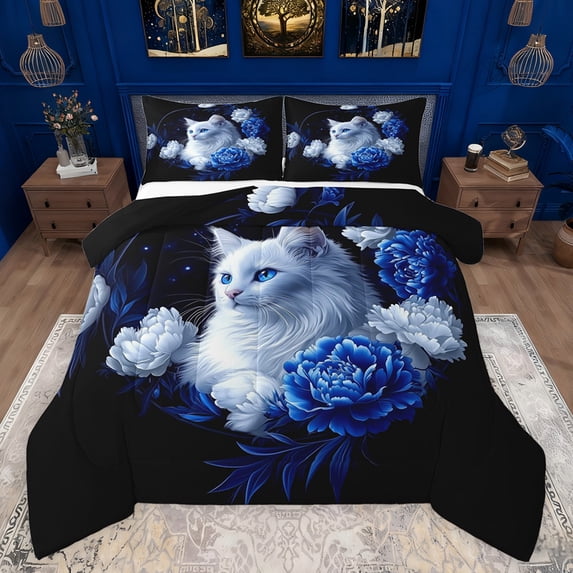 Feelyou Kawaii White Cat Full Size Comforter Sets, Blue Rose Flower Bedding Comforter Set, Couple Lover Men Women Reversible Bedding Sets, Super Cozy Room Decor, 3-Piece