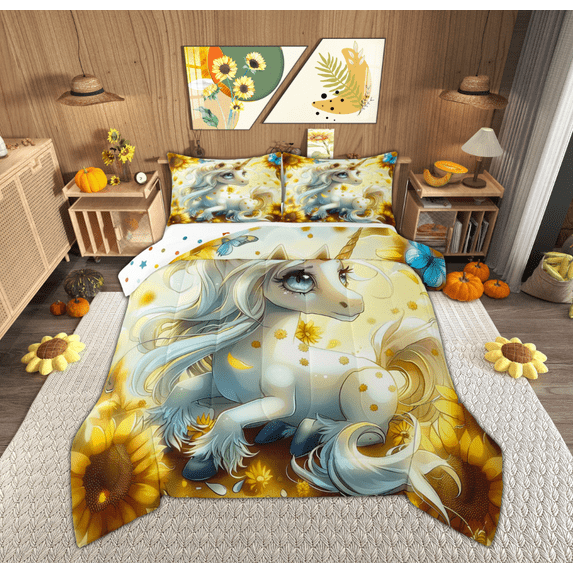 Feelyou Kawaii White Unicorn Full Size Comforter Sets for Teen, Gold Sunflower Bedding Comforter Set, Magical Animal Reversible Bedding Sets, Lightweight Room Decor, 3 Pieces