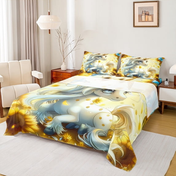 Feelyou Kawaii White Unicorn Full Size Sheets for Teen, Gold Sunflower Bed Sheets, Magical Animal Sheet Sets, Lightweight Room Decor, 4 Pieces