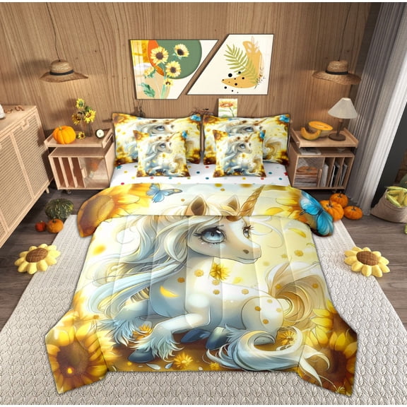 Feelyou Kawaii White Unicorn Twin Bedding Sets 7-Piece for Teen, Gold Sunflower Bedding Comforter Set, Magical Animal Reversible Sheet Sets, Lightweight Room Decor