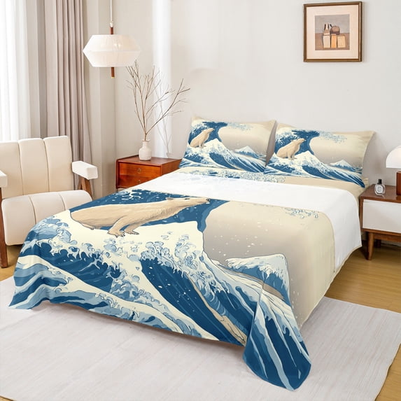 Feelyou Kawaii Wildlife Bear Twin Sheet Sets, Japaese Ocean Waves Twin Fitted Sheet, Teens Kids Boys Girls Flat Sheet, Microfiber Bedroom Decor, 3pcs