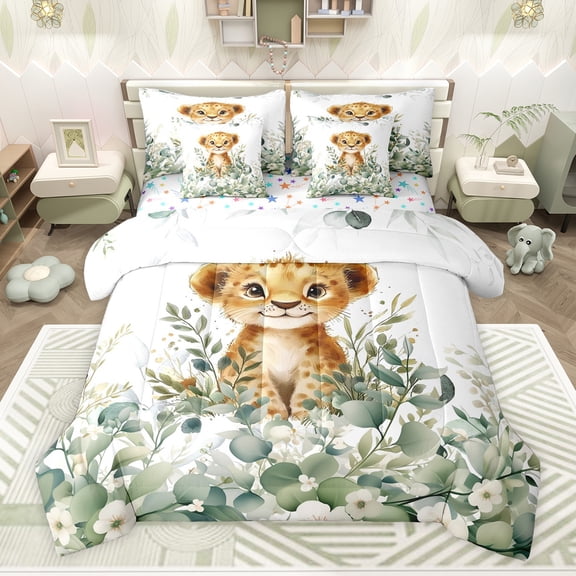 Feelyou Kawaii Wildlife Leopard Bedding Comforter Set 7pcs, Green Eucalyptus Leaves King Bedding Sets, Cartoon Cheetah Reversible Bed Sheets, Microfiber Bedroom Decor