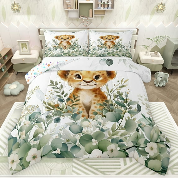 Feelyou Kawaii Wildlife Leopard Queen Comforter Set, Green Eucalyptus Leaves Bedding Sets, Cartoon Cheetah Reversible Bedding Comforter Set, Microfiber Bedroom Decor, 3-Piece