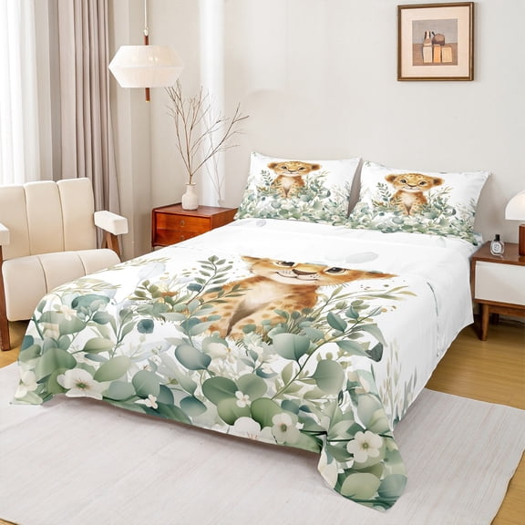 Feelyou Kawaii Wildlife Leopard Twin Sheet Sets, Green Eucalyptus Leaves Twin Fitted Sheet, Cartoon Cheetah Flat Sheet, Microfiber Bedroom Decor, 3-Piece