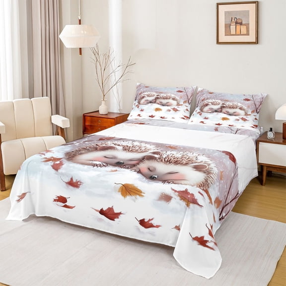 Feelyou Kawaii Winter Hedgehog Twin Sheet Sets, Maple Leaf Twin Fitted Sheet, Teens Kids Boys Girls Flat Sheet, Microfiber Bedroom Decor, 3 Pieces