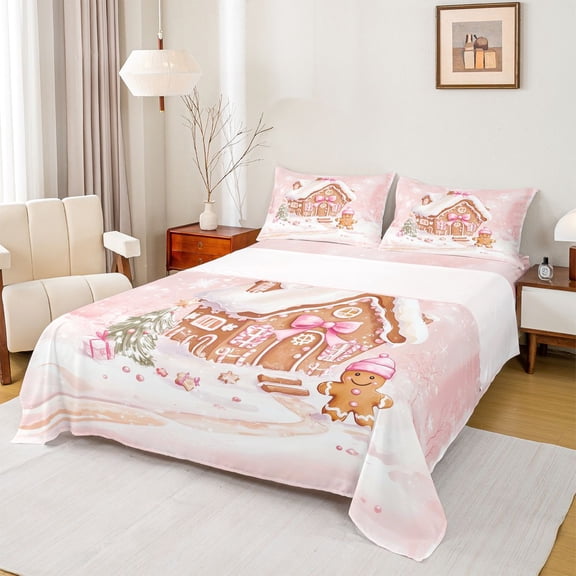 Feelyou Kawaii Winter House Queen Sheet Sets for Kid, Christmas Gingerbread Man Flat Sheet, Happy New Year Queen Fitted Sheet, Luxury Bedroom Decor, 4pcs