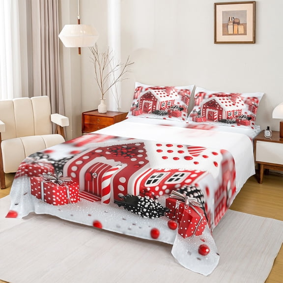 Feelyou Kawaii Xmas House Twin Sheet Sets, Christmas Dots Gifts Twin Fitted Sheet, White Red Flat Sheet, Breathable Home Decor,3-Piece