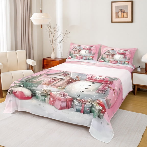 Feelyou Kawaii Xmas Snowman Bed Sheets, Light Pink King Sheets, Winter Festival Gift Sheet Set, Luxury Bedroom Decor,4 Pieces